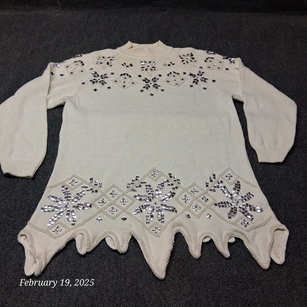 Maggie Lawrence Sweater Women‎ 18 / 20 White Flashy Beaded Mock Neck